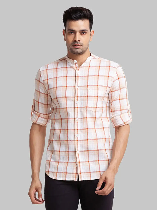 Men Brown Slim Fit Checks Linen Cotton Blend Full Sleeve Shirts