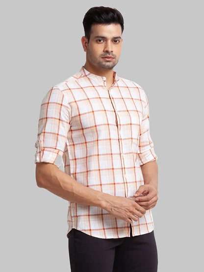 Men Brown Slim Fit Checks Linen Cotton Blend Full Sleeve Shirts