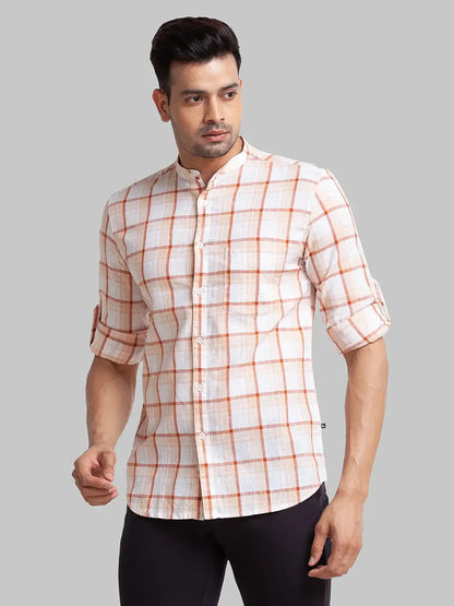 Men Brown Slim Fit Checks Linen Cotton Blend Full Sleeve Shirts