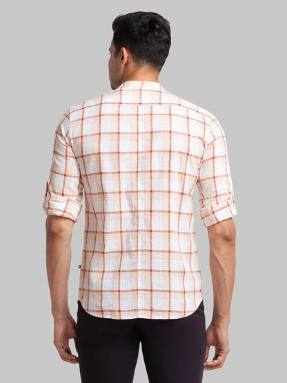 Men Brown Slim Fit Checks Linen Cotton Blend Full Sleeve Shirts