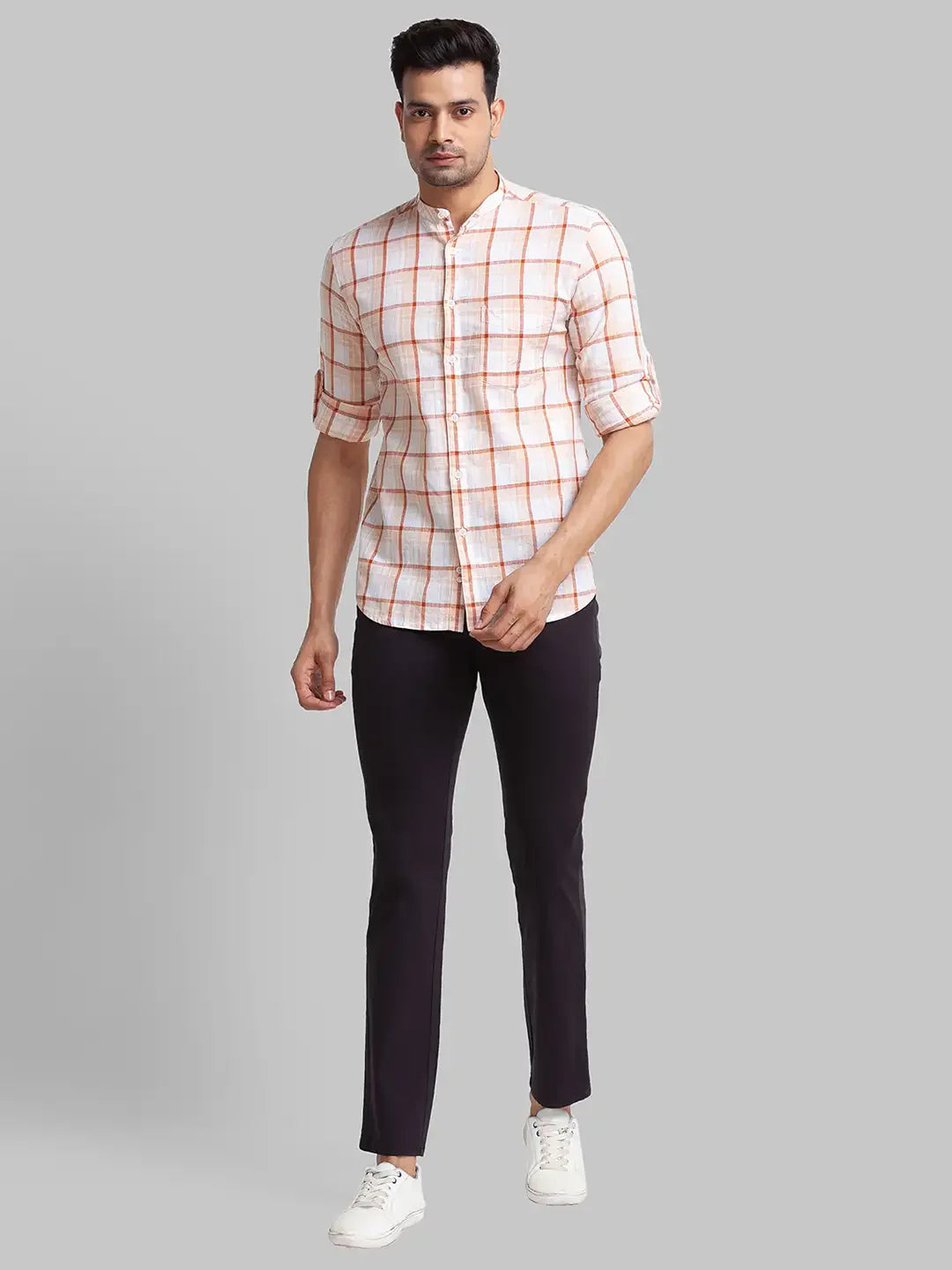 Men Brown Slim Fit Checks Linen Cotton Blend Full Sleeve Shirts