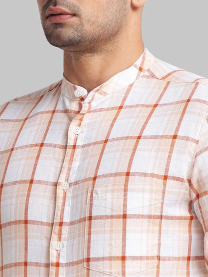 Men Brown Slim Fit Checks Linen Cotton Blend Full Sleeve Shirts