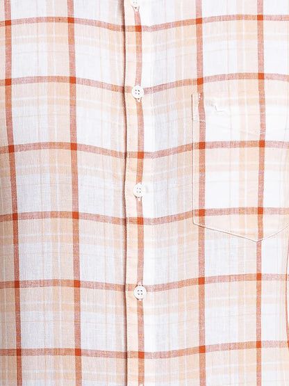 Men Brown Slim Fit Checks Linen Cotton Blend Full Sleeve Shirts