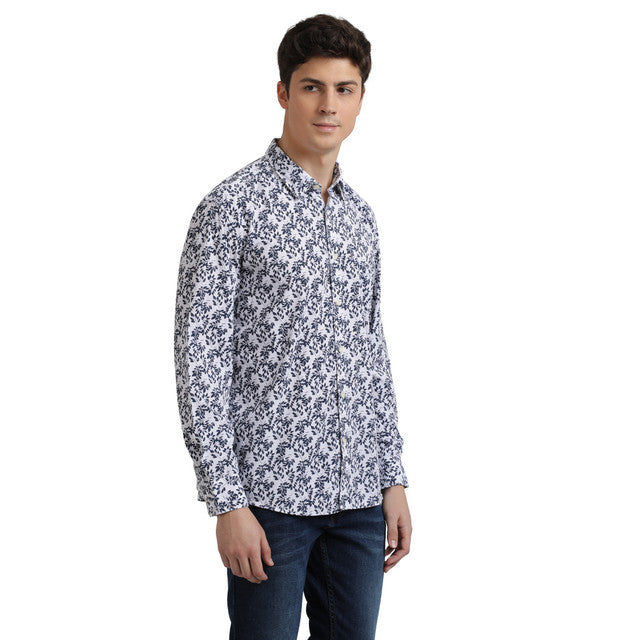 Parx Men Blue Printed Slim Fit Polyester Blend Shirt