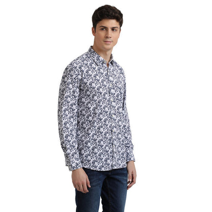 Parx Men Blue Printed Slim Fit Polyester Blend Shirt