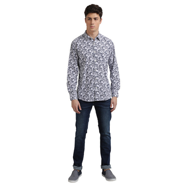 Parx Men Blue Printed Slim Fit Polyester Blend Shirt