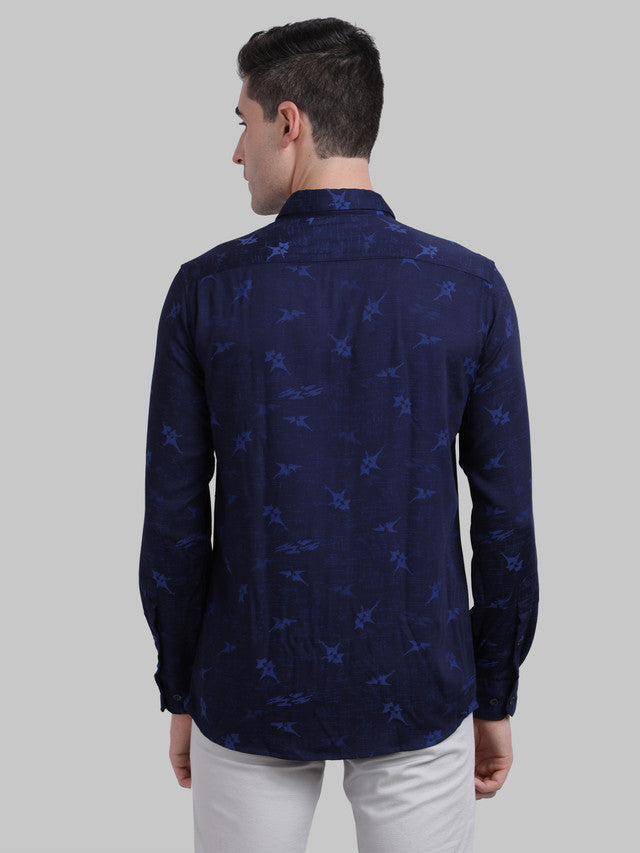 Parx Blue Jacquard Slim Fit Full Sleeve Bamboo Blend Shirt