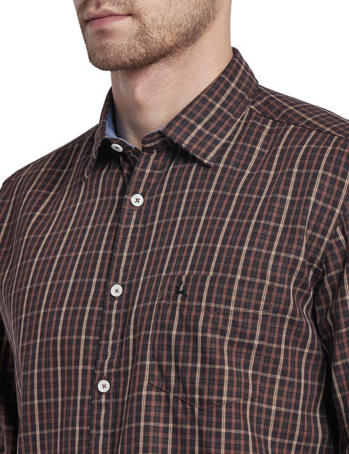 Parx Men Brown Checks Slim Fit Cotton Shirt