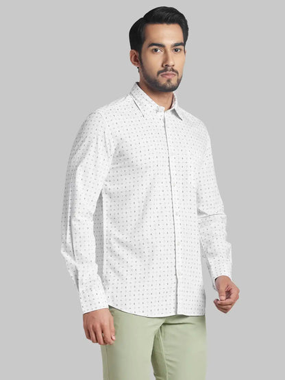 Men White Slim Fit Print Polyester Blend Full Sleeve Shirts
