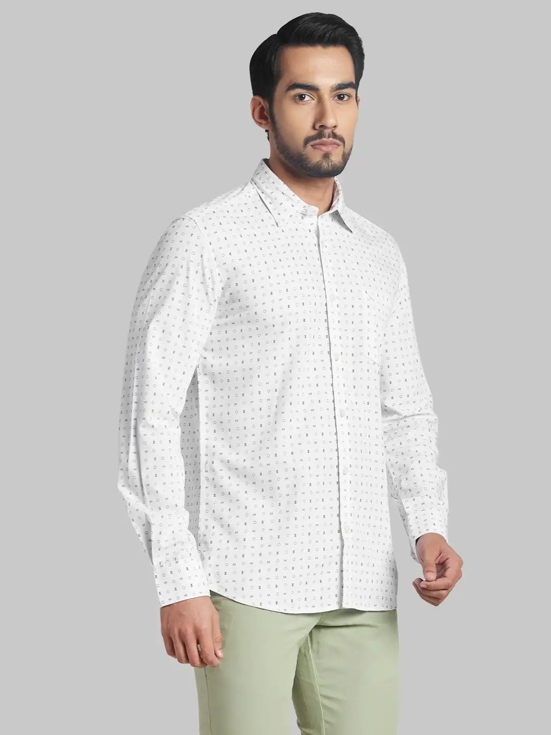 Men White Slim Fit Print Polyester Blend Full Sleeve Shirts