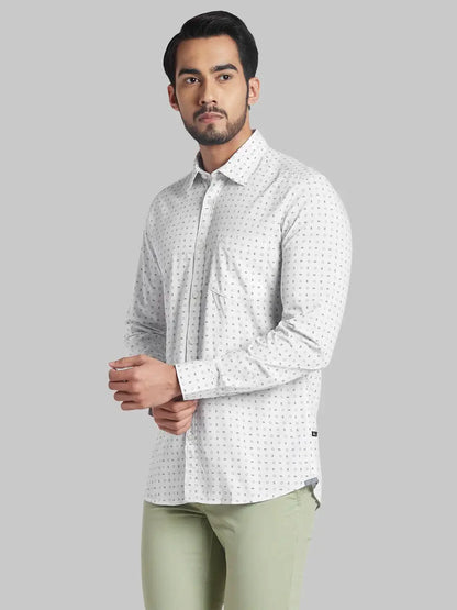 Men White Slim Fit Print Polyester Blend Full Sleeve Shirts