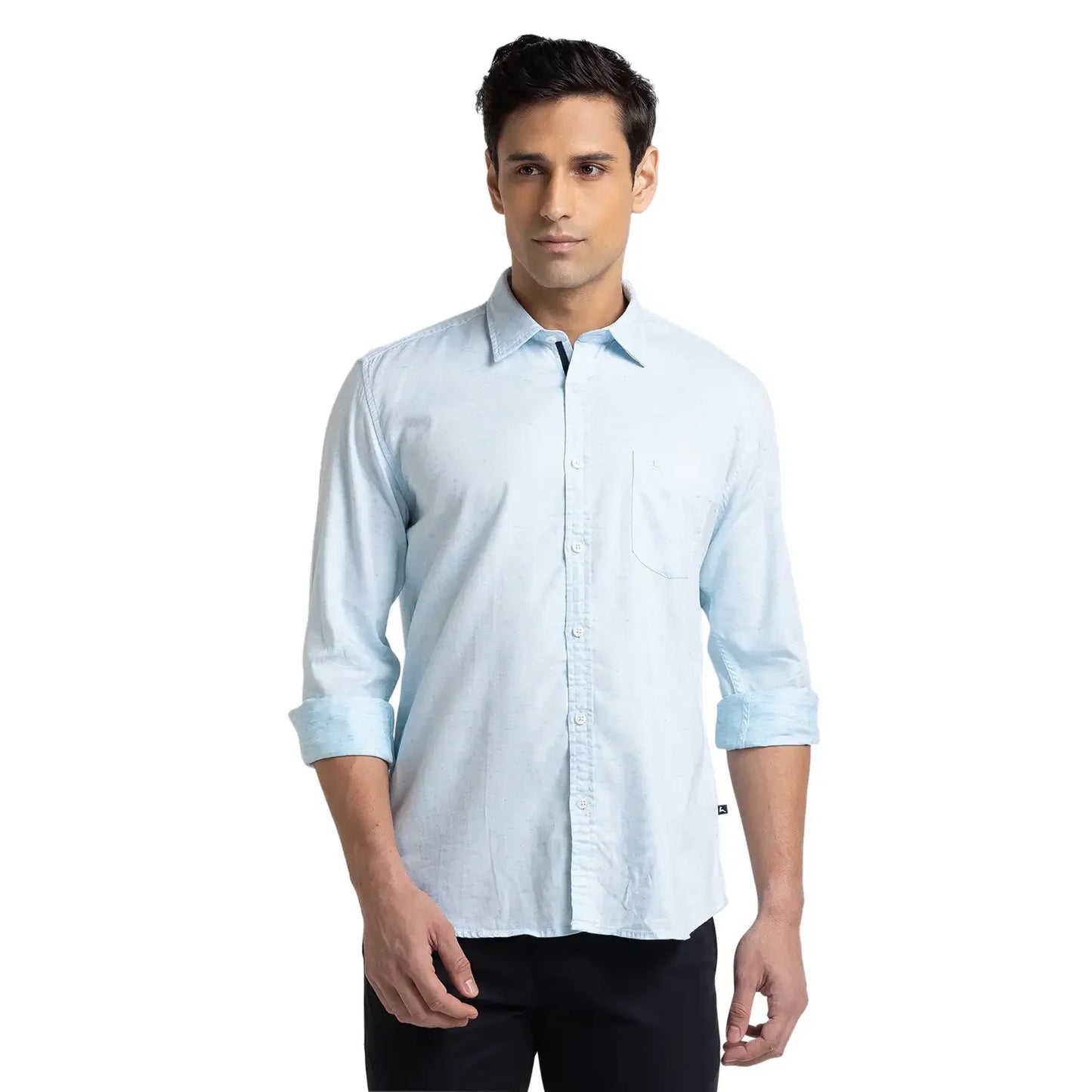 Men Blue Slim Fit Solid Cotton Blend Full Sleeve Shirts