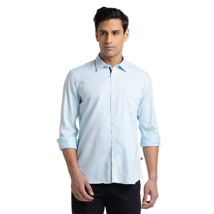 Men Blue Slim Fit Solid Cotton Blend Full Sleeve Shirts