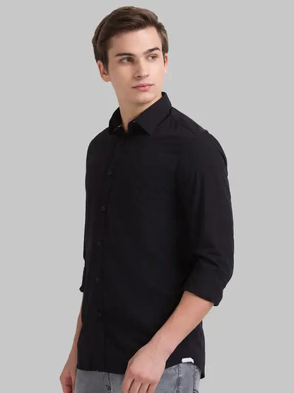 Men Black Slim Fit Solid Polyester Blend Full Sleeve Shirts
