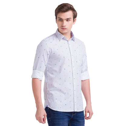 Men White Slim Fit Print Cotton Full Sleeve Shirts