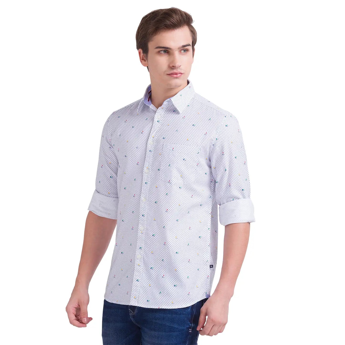 Men White Slim Fit Print Cotton Full Sleeve Shirts