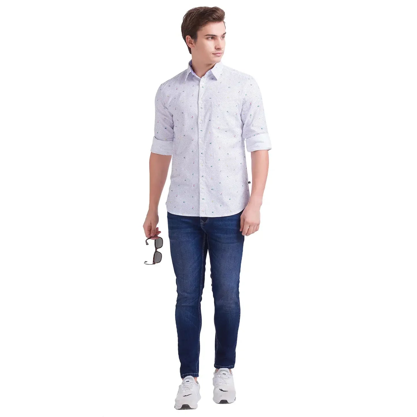 Men White Slim Fit Print Cotton Full Sleeve Shirts