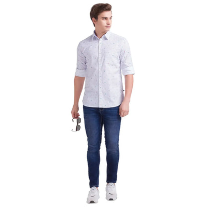 Men White Slim Fit Print Cotton Full Sleeve Shirts