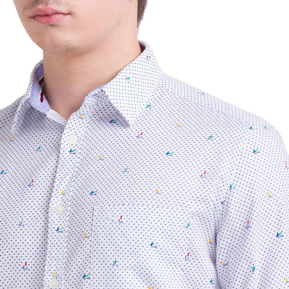 Men White Slim Fit Print Cotton Full Sleeve Shirts