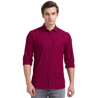 Men Red Slim Fit Print Polyester Blend Full Sleeve Shirts