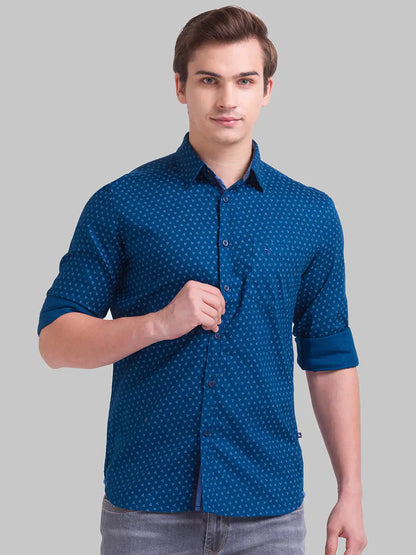 Men Blue Slim Fit Print Cotton Full Sleeve Shirts