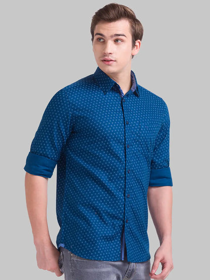 Men Blue Slim Fit Print Cotton Full Sleeve Shirts