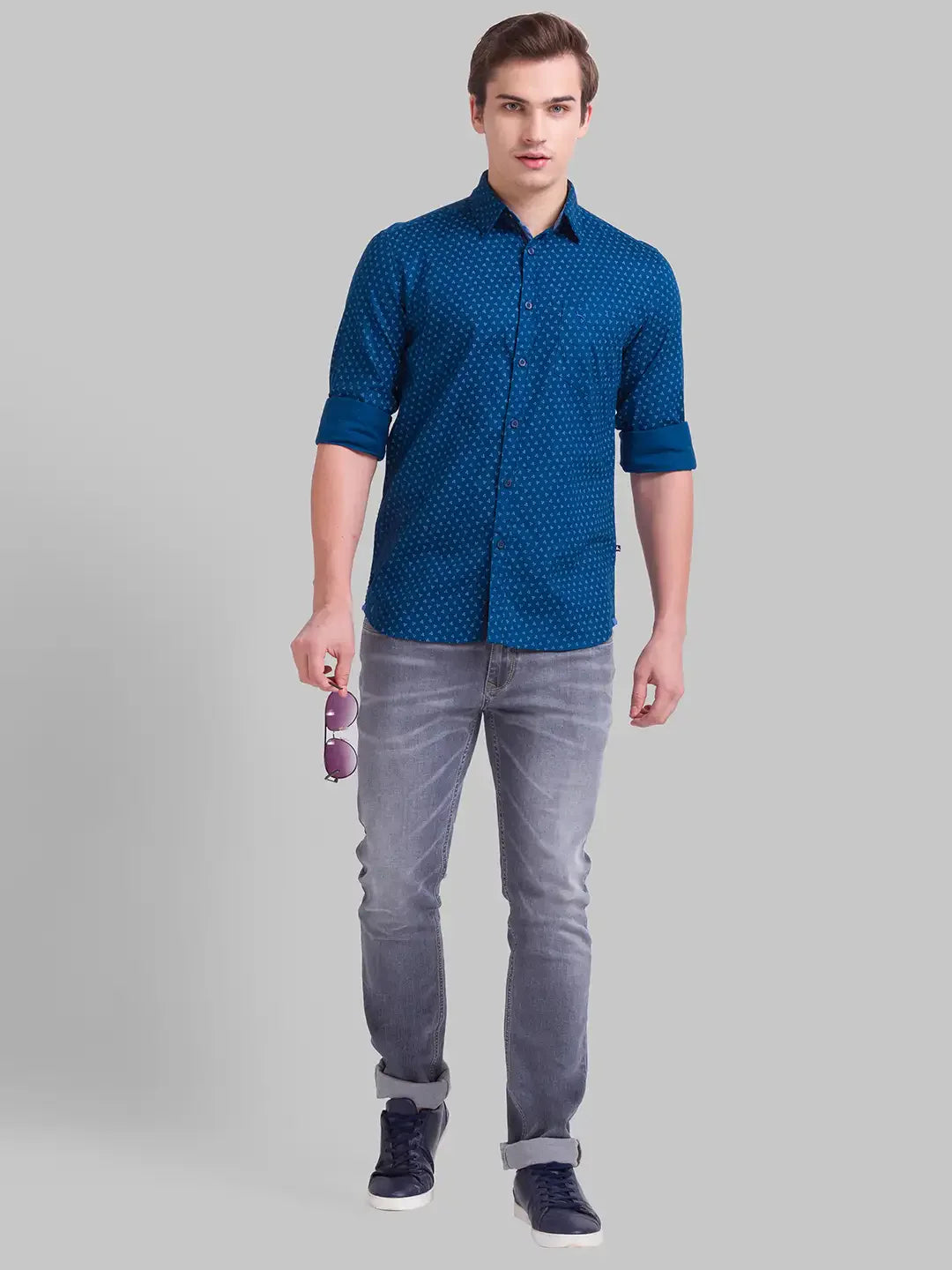 Men Blue Slim Fit Print Cotton Full Sleeve Shirts