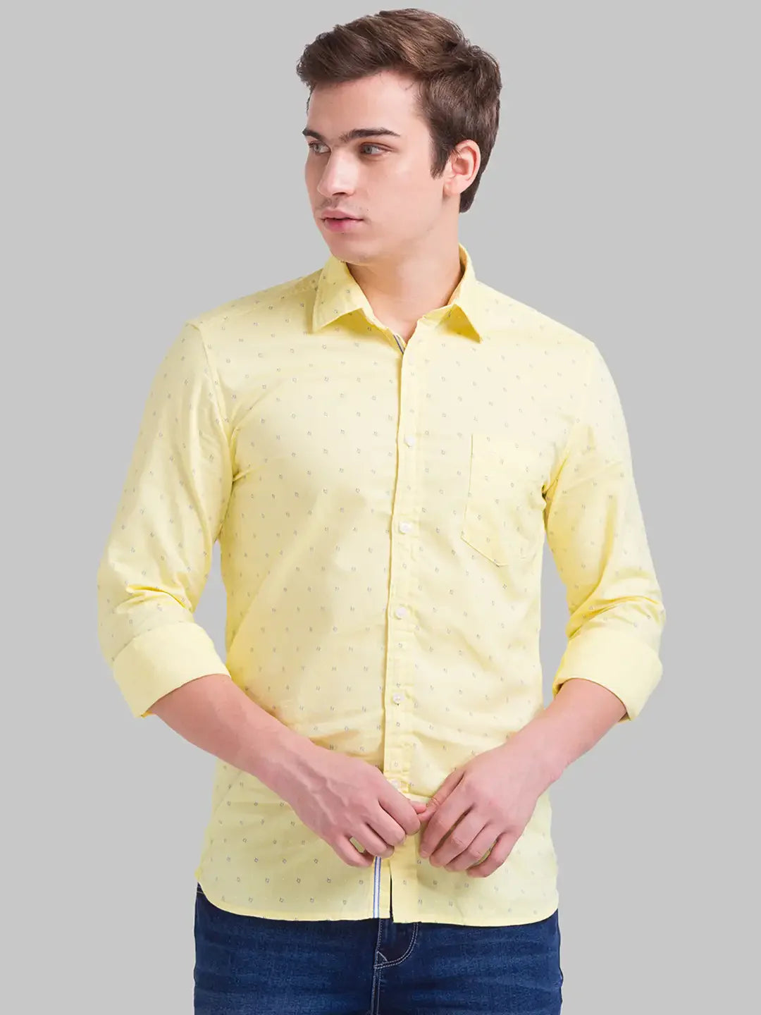 Men Yellow Slim Fit Print Cotton Full Sleeve Shirts