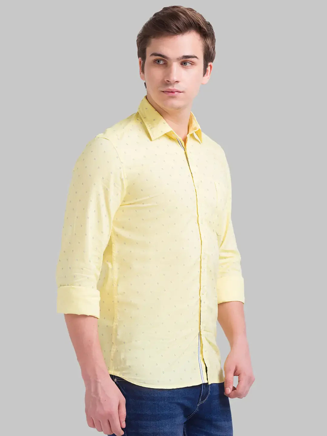 Men Yellow Slim Fit Print Cotton Full Sleeve Shirts
