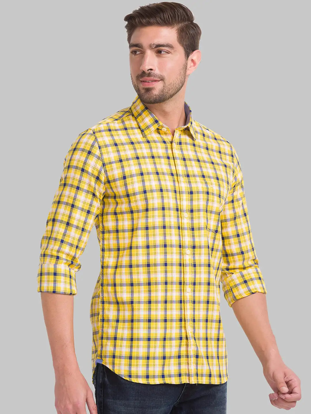Men Yellow Slim Fit Checks Cotton Full Sleeve Shirts