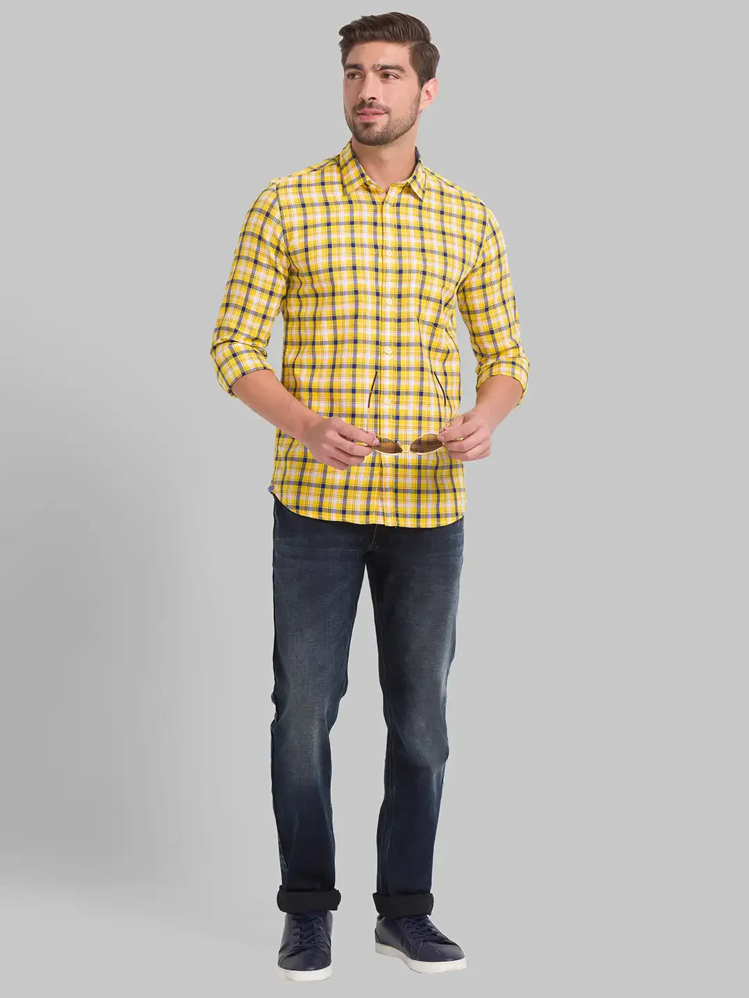 Men Yellow Slim Fit Checks Cotton Full Sleeve Shirts