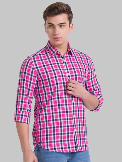 Parx Men Pink Checks Slim Fit Cotton Casual Shirt