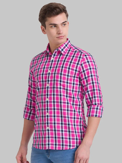 Parx Men Pink Checks Slim Fit Cotton Casual Shirt