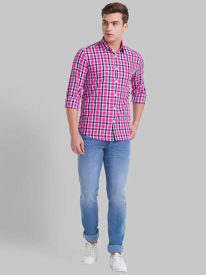 Parx Men Pink Checks Slim Fit Cotton Casual Shirt