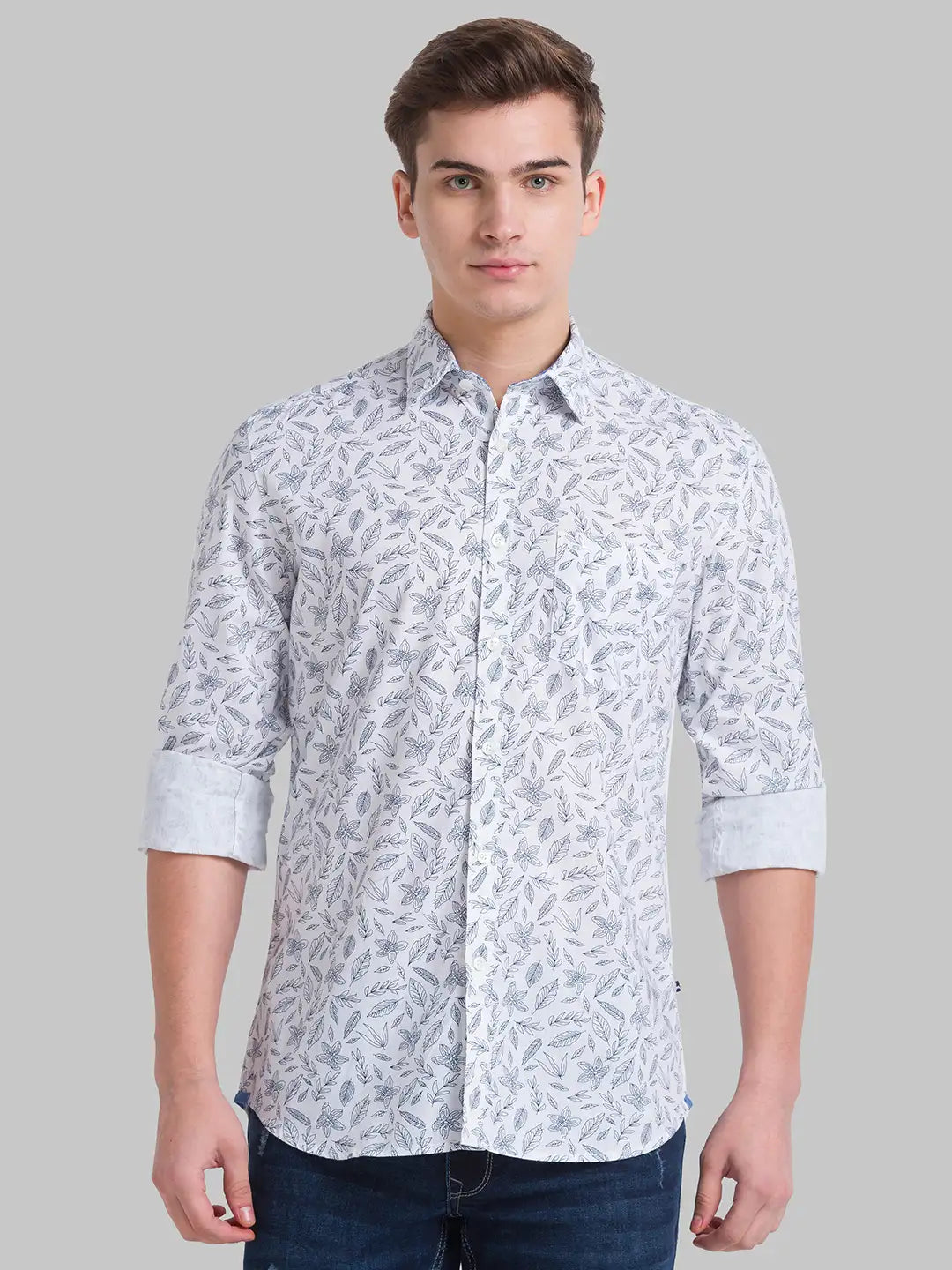 Men White Slim Fit Print Cotton Full Sleeve Shirts