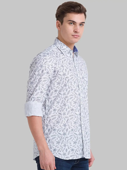 Men White Slim Fit Print Cotton Full Sleeve Shirts