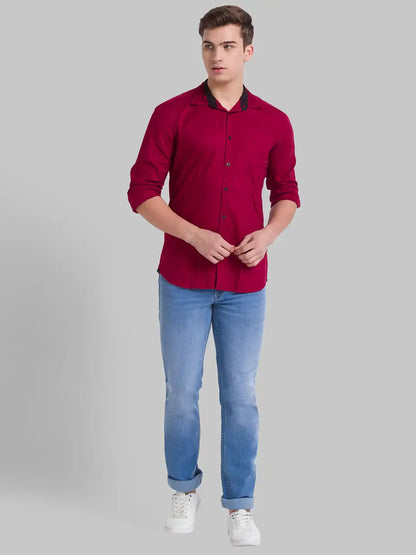 Men Red Slim Fit Solid Cotton Full Sleeve Shirts