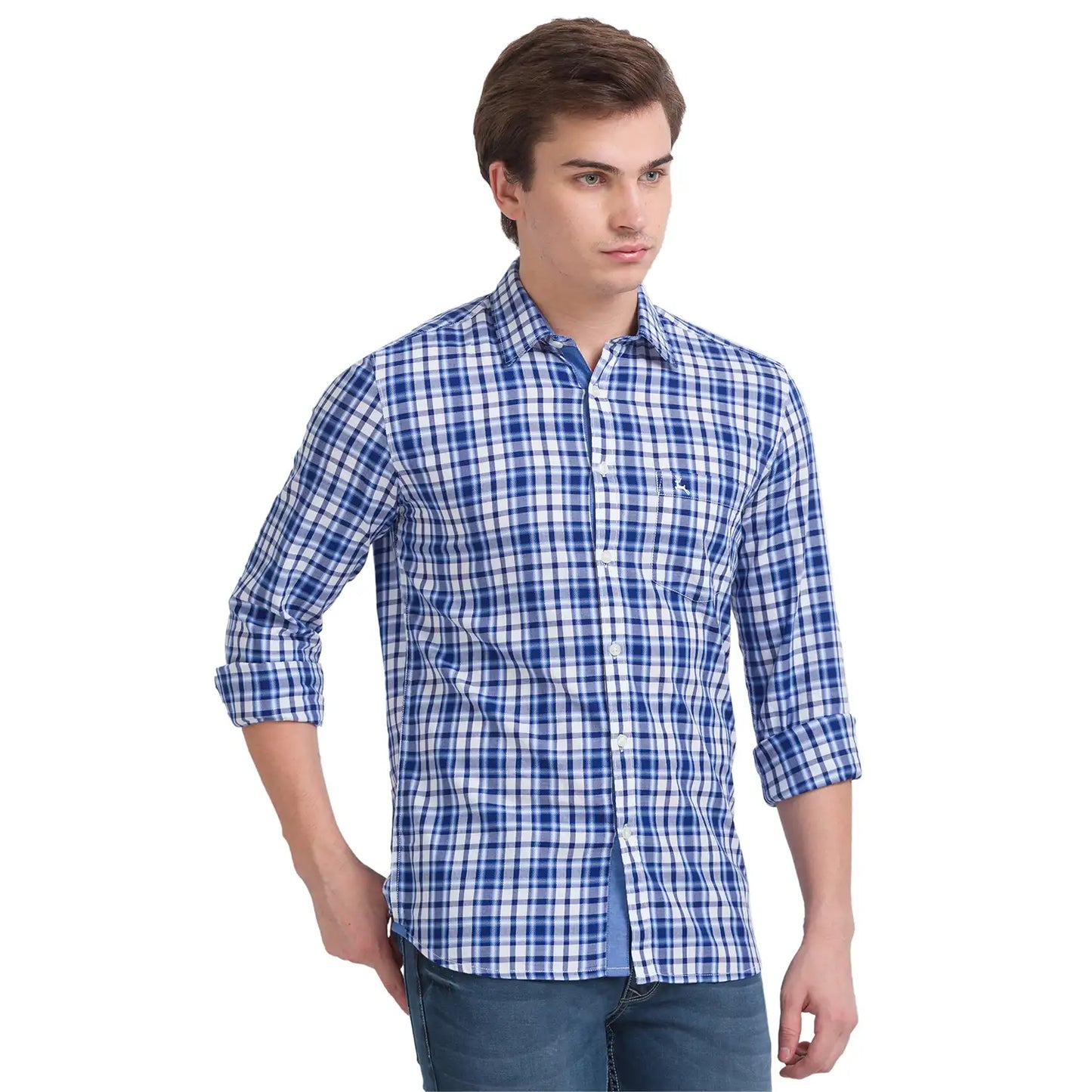 Men Blue Slim Fit Checks Cotton Full Sleeve Shirts