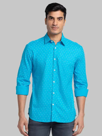 Men Blue Slim Fit Print Cotton Full Sleeve Shirts