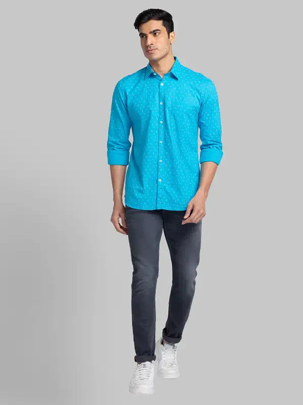 Men Blue Slim Fit Print Cotton Full Sleeve Shirts
