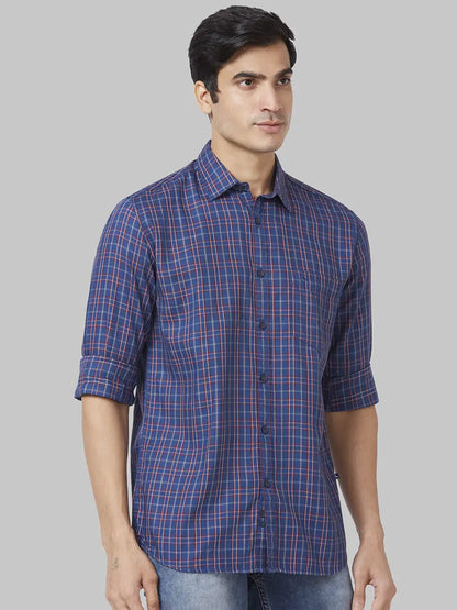 Men Blue Slim Fit Checks Cotton Full Sleeve Shirts