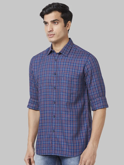 Men Blue Slim Fit Checks Cotton Full Sleeve Shirts