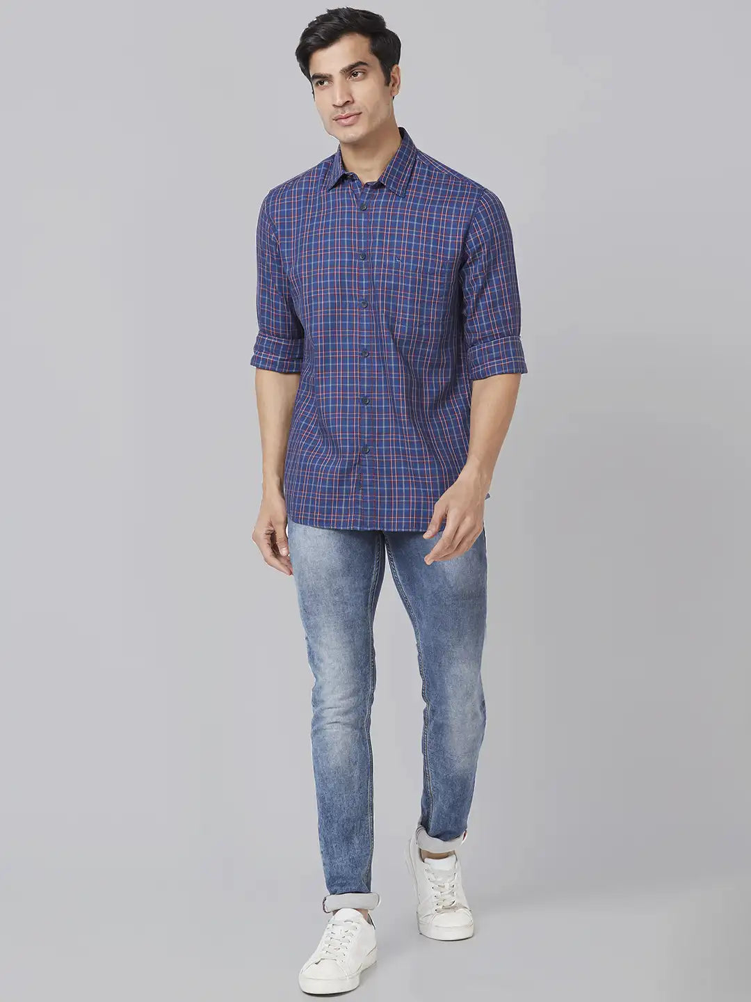 Men Blue Slim Fit Checks Cotton Full Sleeve Shirts