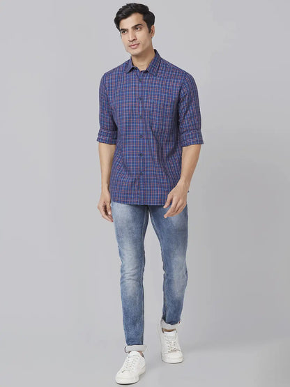 Men Blue Slim Fit Checks Cotton Full Sleeve Shirts