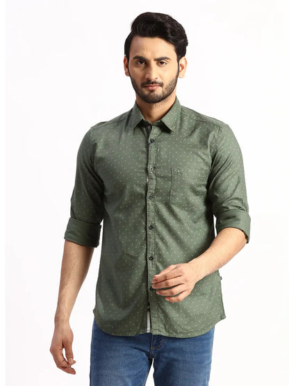 Men Green Slim Fit Print Cotton Full Sleeve Shirts