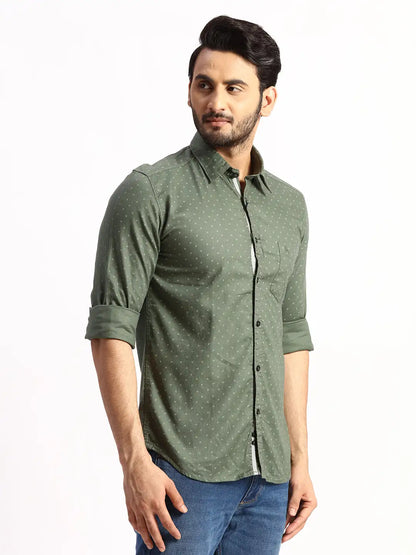 Men Green Slim Fit Print Cotton Full Sleeve Shirts