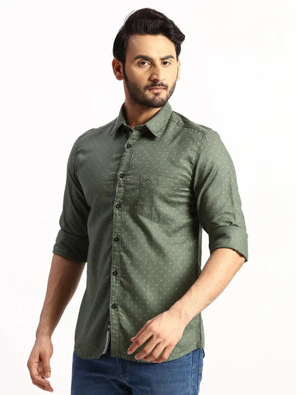Men Green Slim Fit Print Cotton Full Sleeve Shirts