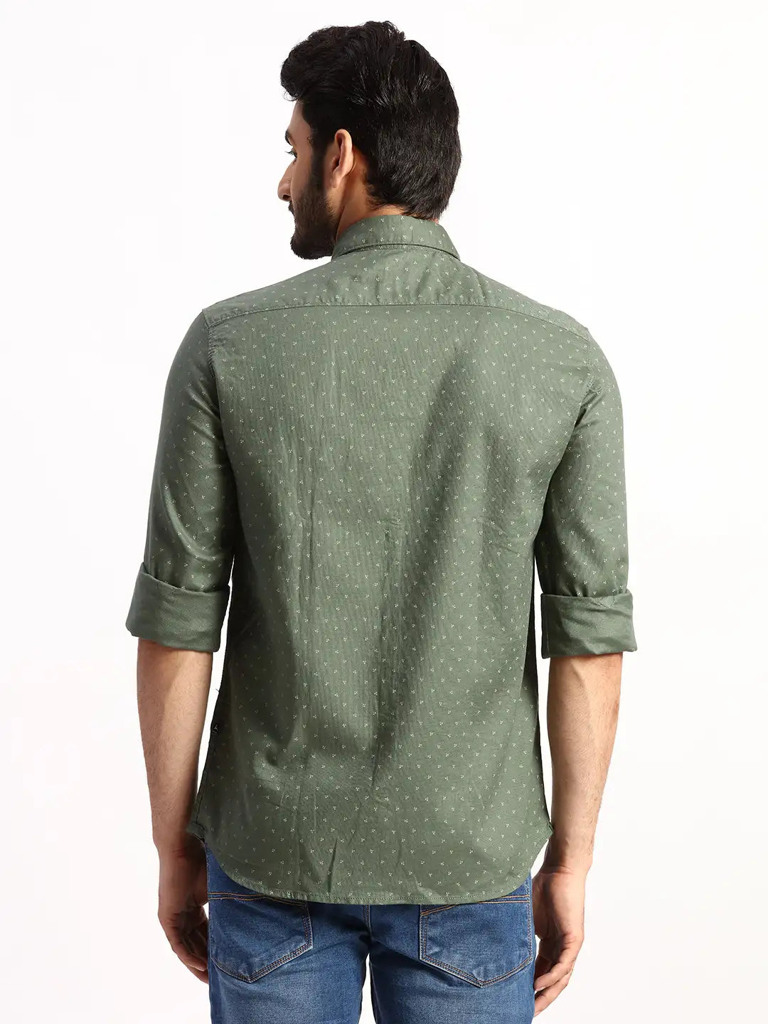 Men Green Slim Fit Print Cotton Full Sleeve Shirts