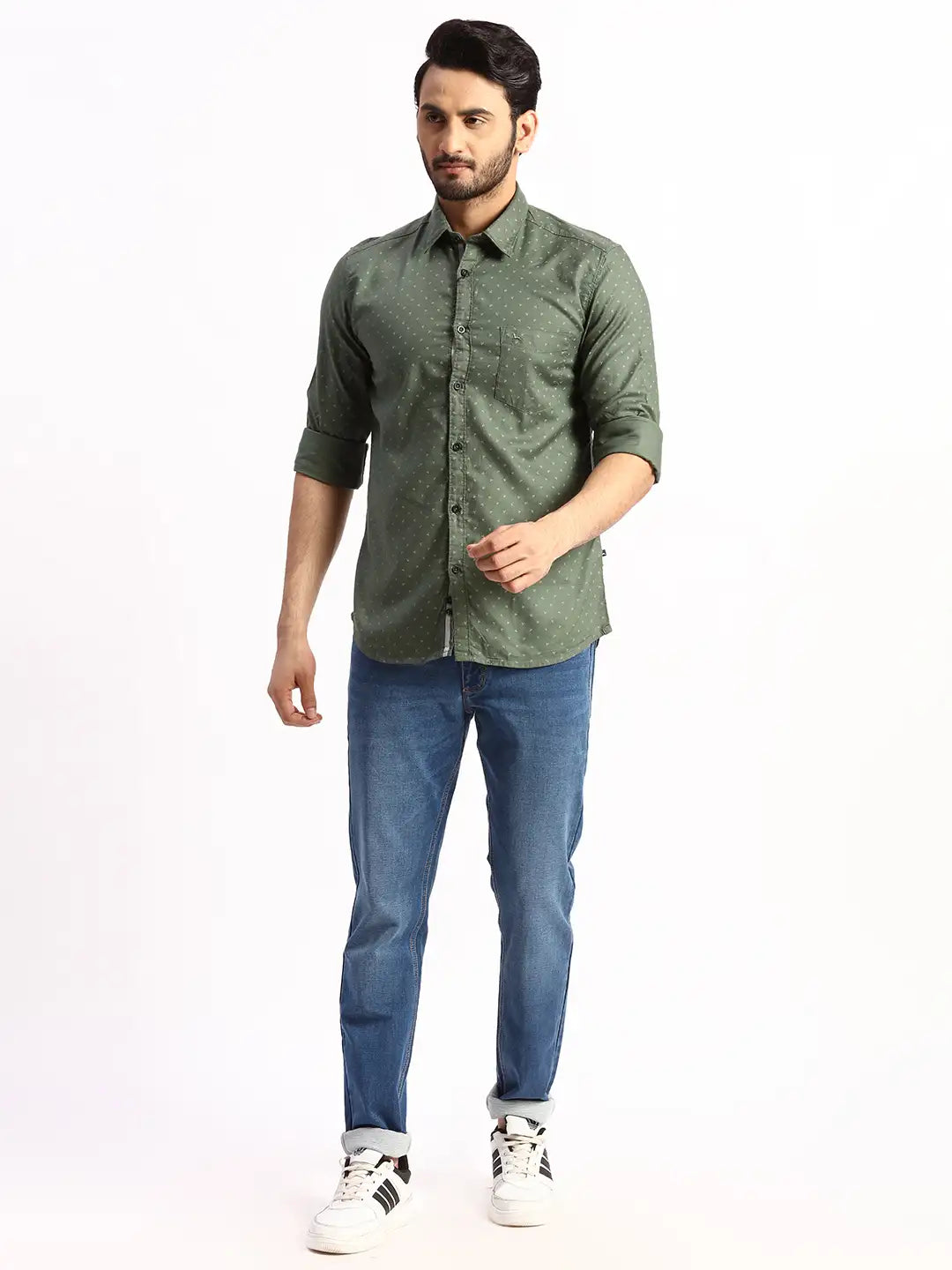 Men Green Slim Fit Print Cotton Full Sleeve Shirts
