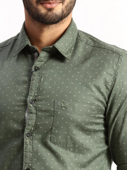 Men Green Slim Fit Print Cotton Full Sleeve Shirts